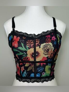 GORGLITTER Black Multicolor Floral Mesh Lace Corset Bralette Bustier Plus Size